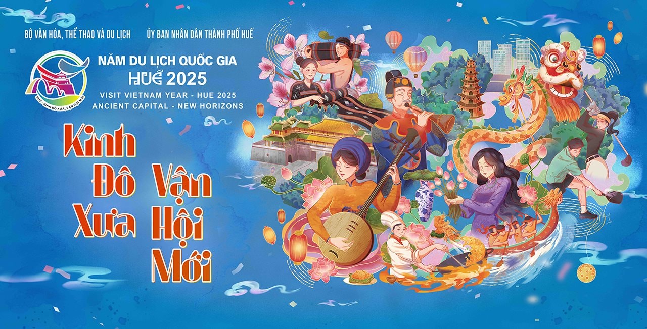 Poster Năm Du lịch Quốc gia thể hiện hài hòa giữa di sản văn hóa Cố đô Huế và hơi thở hiện đại